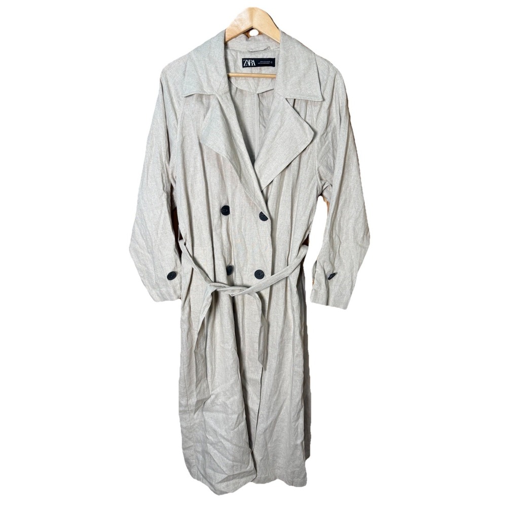 ZARA LINEN BLEND TRENCH COAT WITH BELT SAND MEDIUM NWOT